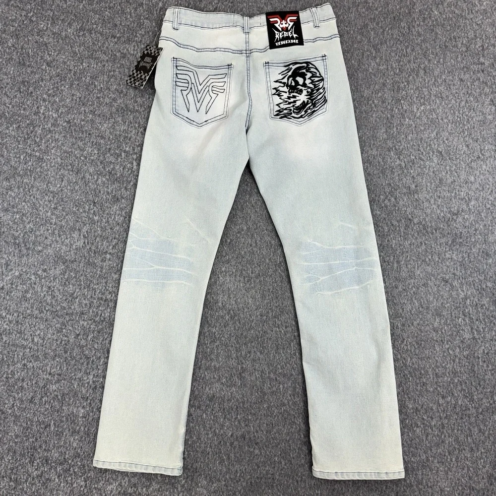 Rebel Vengeance Light Wash Straight Jeans Skull Embroidered Men's 30x30 NWT